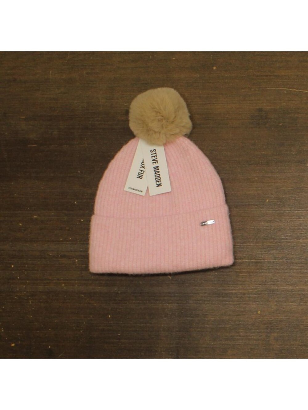 NWT Steve Madden Womens Wide Cuff Beanie with Pom SMA5075M Light Pink